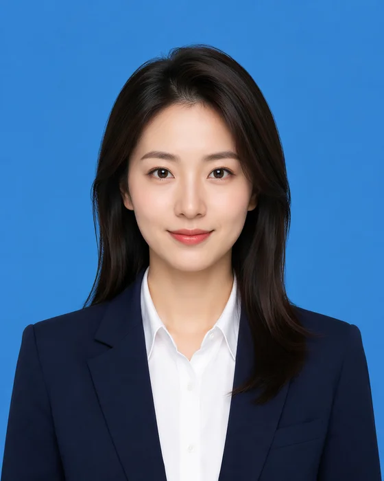 Blue background female ID photo for postgraduate exam registration