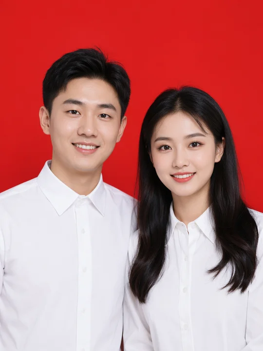 Red background couple ID photo for marriage certificate